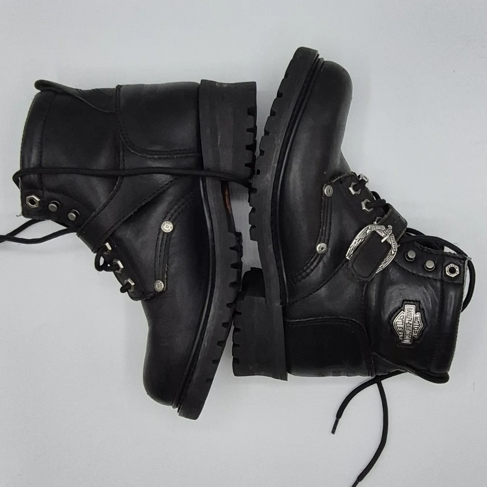 Harley-Davidson Black Leather Lace-Up Strap Motorcycle Boots
